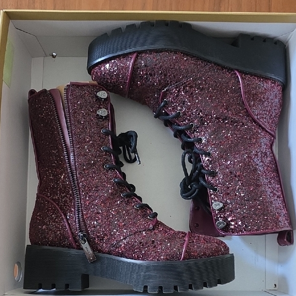Michael Kors Bryce Bootie Chunky Glitter - Dark Berry Combat Boots - Picture 1 of 6